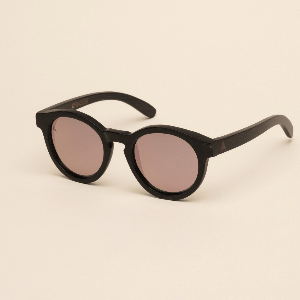 Galapagos Blue - round sustainable black bamboo sunglasses, mirrored blue polarized lenses - angle