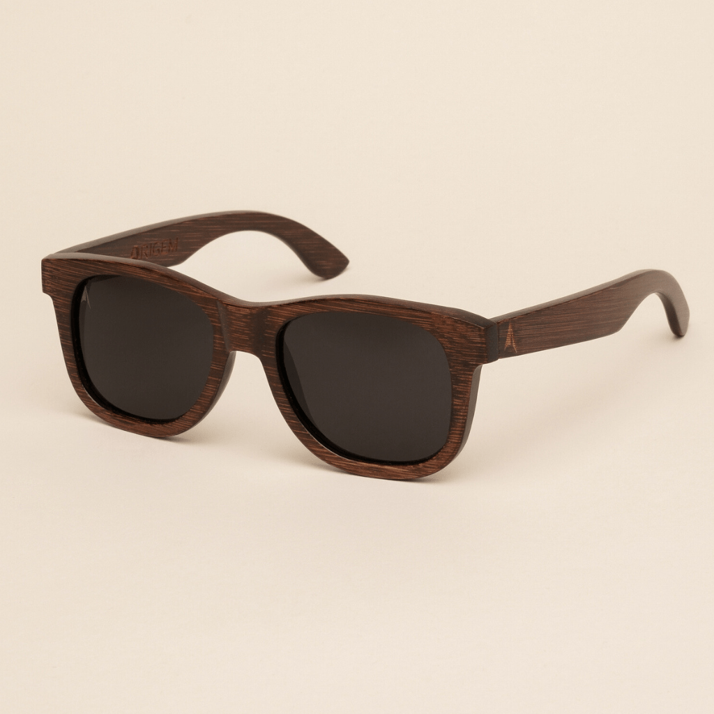 Madidi Grey - square sustainable dark brown bamboo sunglasses, grey polarized lenses - angle