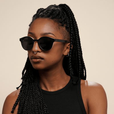 Peneda-Geres Black - round sunglasses sustainable black and light brown bamboo, grey polarized lenses - female model