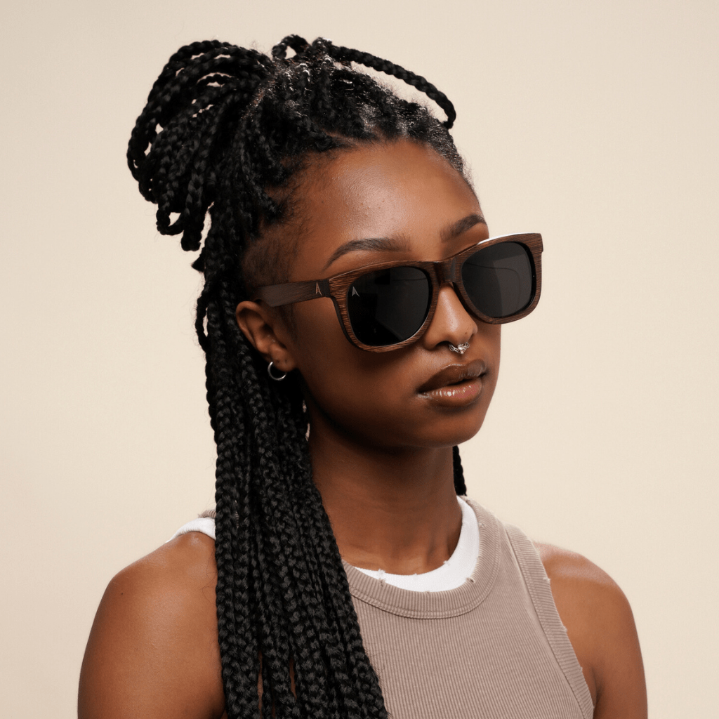 Madidi Grey - square sustainable dark brown bamboo sunglasses, grey polarized lenses - female model