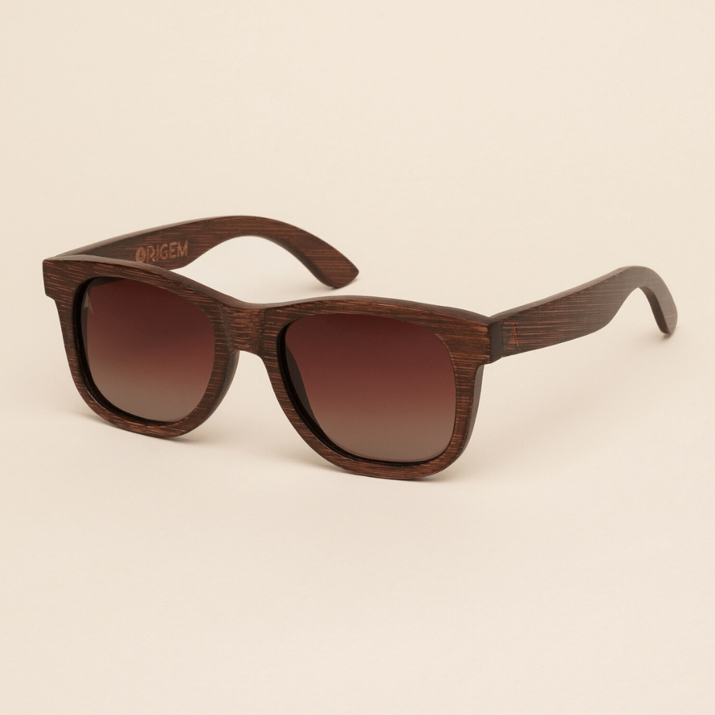 Madidi Brown - square sustainable dark brown bamboo sunglasses, brown polarized lenses - angle