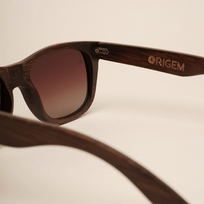 Madidi Brown - square sustainable dark brown bamboo sunglasses, brown polarized lenses - close up