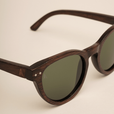 Yosemite - cat eye sustainable dark brown bamboo sunglasses, grey polarized lenses - close up
