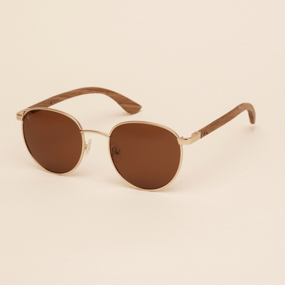 Kruger - round sunglasses with metal frame and sustainable light brown bamboo temples, brown polarized lenses - angle