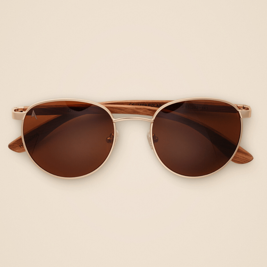 Kruger - round sunglasses with metal frame and sustainable light brown bamboo temples, brown polarized lenses - closed